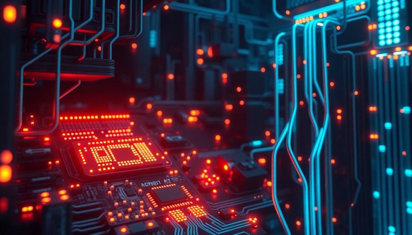 A highly detailed, 3D illustration of glowing, neon-lit AI hardware components and infrastructure, such as circuit boards, processors, and data cables, against a dark, moody background, conceptually representing the complex, interconnected nature of AI systems and the importance of ensuring their safety and reliability.