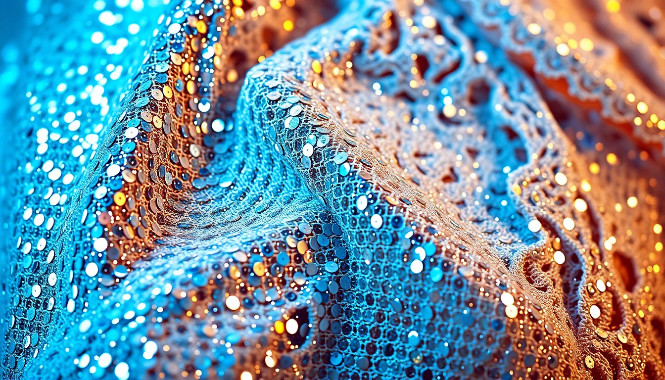 An extreme close-up photograph showcasing the shimmering sequins, lace, and fishnet textures of Heidi Klum's Coachella festival outfit, conceptually representing the glitz and glamour of celebrity fashion at the event.