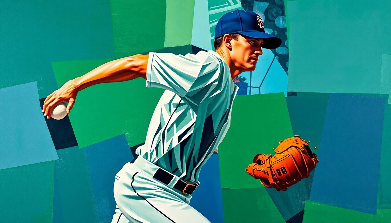 A cubist-style painting depicting a baseball pitcher's windup and delivery, broken down into sharp, overlapping geometric shapes in vibrant colors, conceptually representing the Braves' data-driven approach to player development.