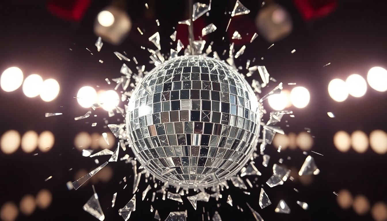 An abstract close-up image of shattered, glittering glass fragments, capturing the fragility and drama of a reality TV romance.