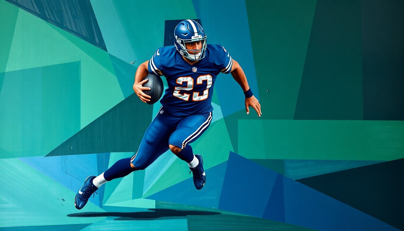 A fragmented, cubist-style painting depicting a football player in motion, with their body broken down into sharp, overlapping geometric shapes in navy, green, and silver tones, conveying a sense of uncertainty and shifting priorities in the Seahawks' draft preparations.