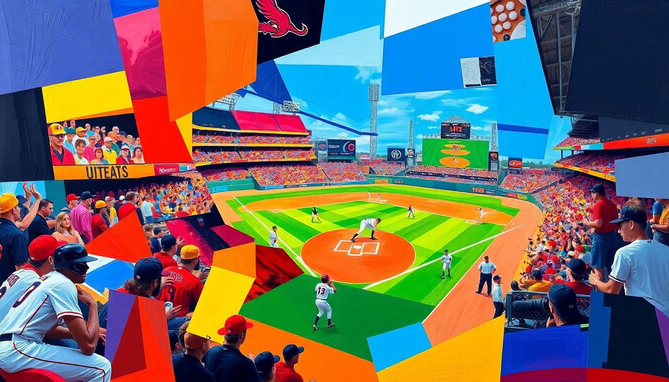 A cubist, geometric painting depicting a baseball game in progress, with the players and field rendered in a fractured, multi-angled style using bold, clashing colors to capture the intensity of the moment.