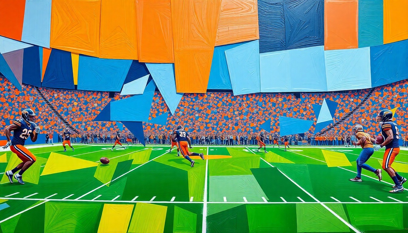 A cubist, geometric painting depicting a Boise State football practice or game, with sharp, overlapping planes of blue, orange, and green representing the team's uniforms and field. The fragmented, multi-perspective style captures the energy and intensity of the sport.