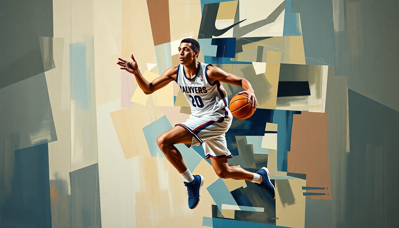 A fractured, multi-perspective painting depicting a college basketball player in motion, with sharp, overlapping geometric planes in a cubist style that captures the fluidity and uncertainty of the transfer portal.