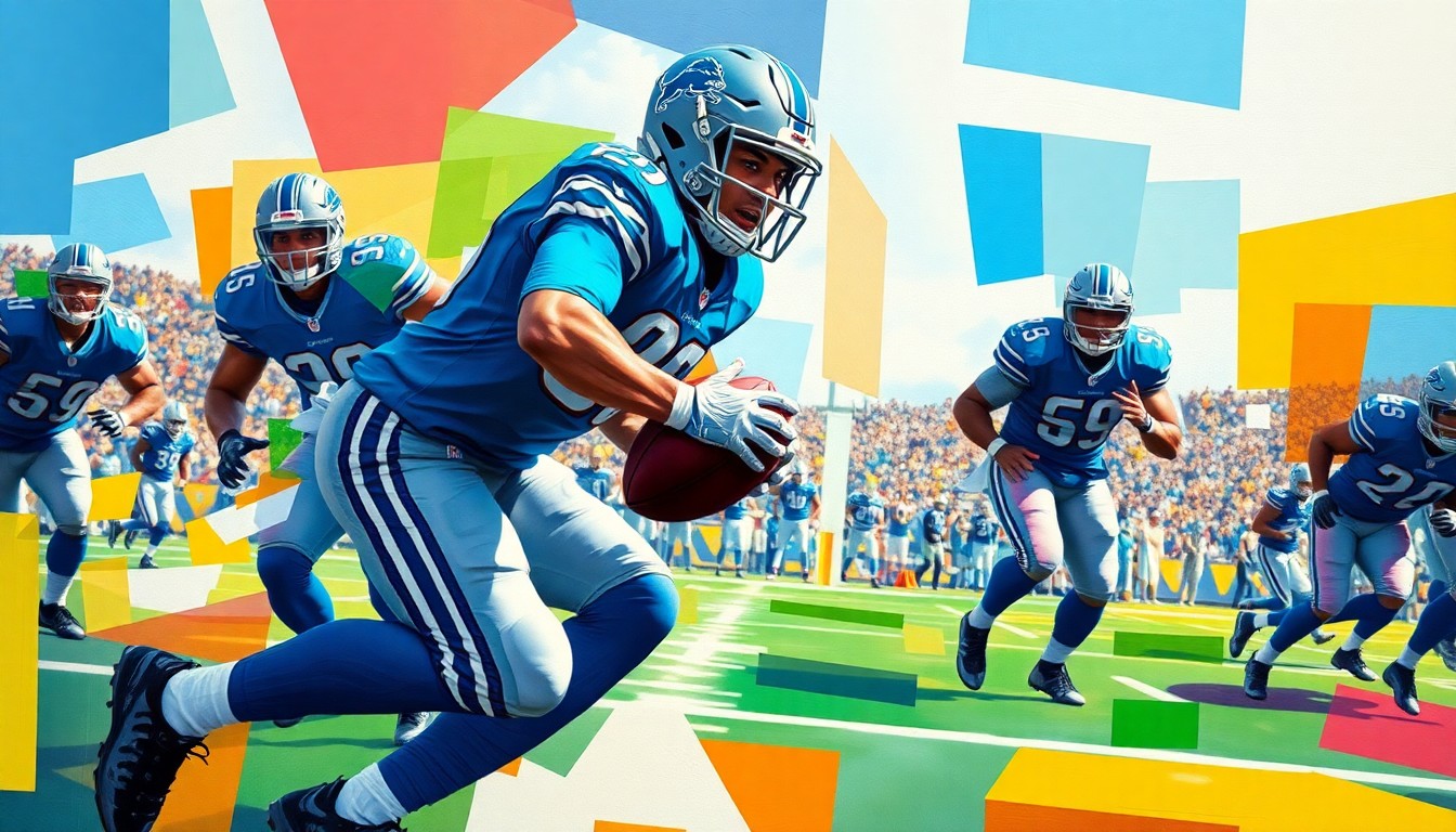 A cubist, geometric painting depicting a football safety making a play, with sharp, overlapping planes in the colors of the Detroit Lions' uniforms, conceptually representing the competitive depth in the team's defensive backfield.