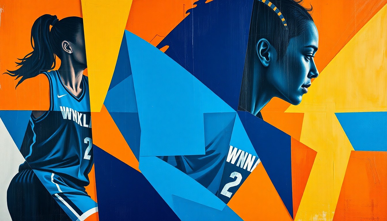 A fractured, cubist-style painting depicting the abstract forms of WNBA players in motion, with their bodies broken down into overlapping geometric shapes and planes of vibrant colors representing the teams involved in the trade.