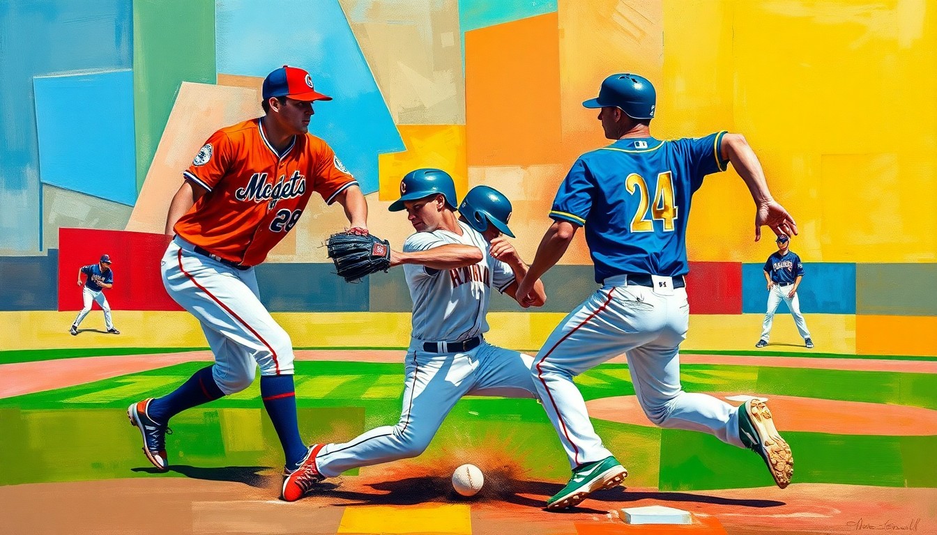 A fractured, multi-perspective painting depicting a baseball play with a baserunner and a second baseman, broken down into sharp, overlapping geometric planes in vibrant colors, capturing the dynamic and unpredictable nature of the incident.