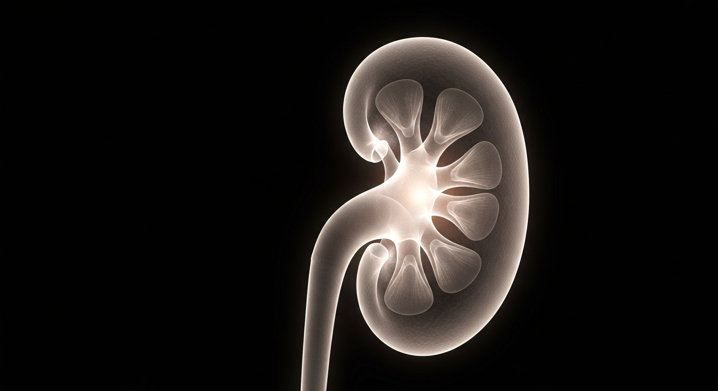 A translucent, ghostly X-ray image of a human kidney, its intricate structure revealed in glowing lines against a dark background, symbolizing the life-changing gift of organ donation.