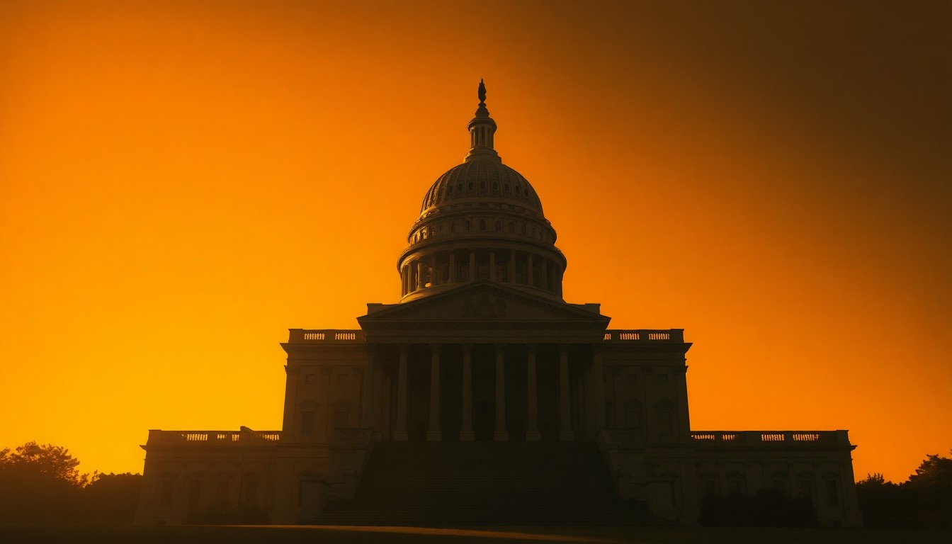 A photorealistic painting of the U.S. Capitol building in soft, warm light and deep shadows, conveying a sense of political unease and uncertainty.