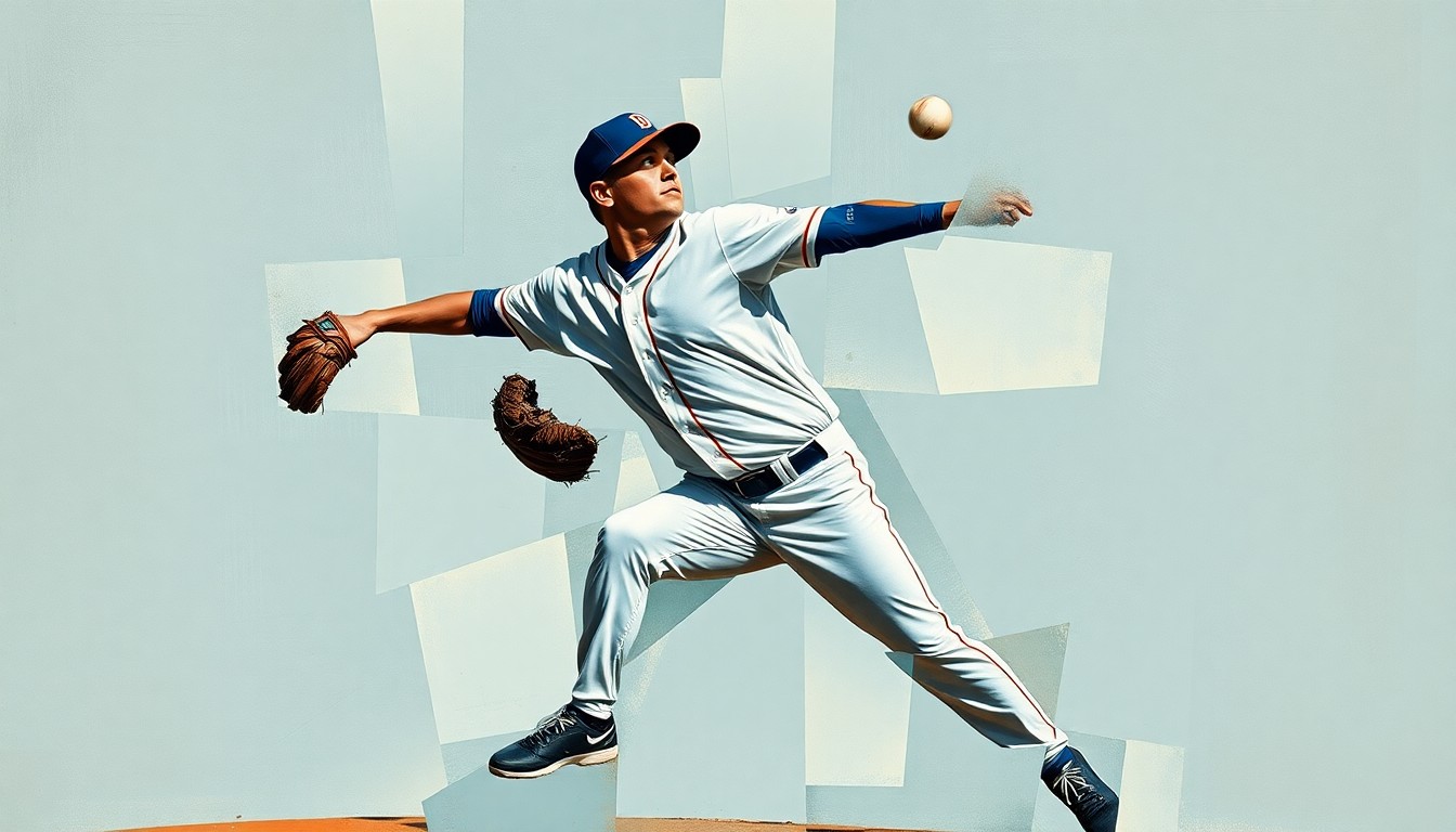 A cubist-style painting depicting a baseball pitcher in mid-throw, with his body and motion broken down into sharp, overlapping geometric shapes and planes in a vibrant color palette.