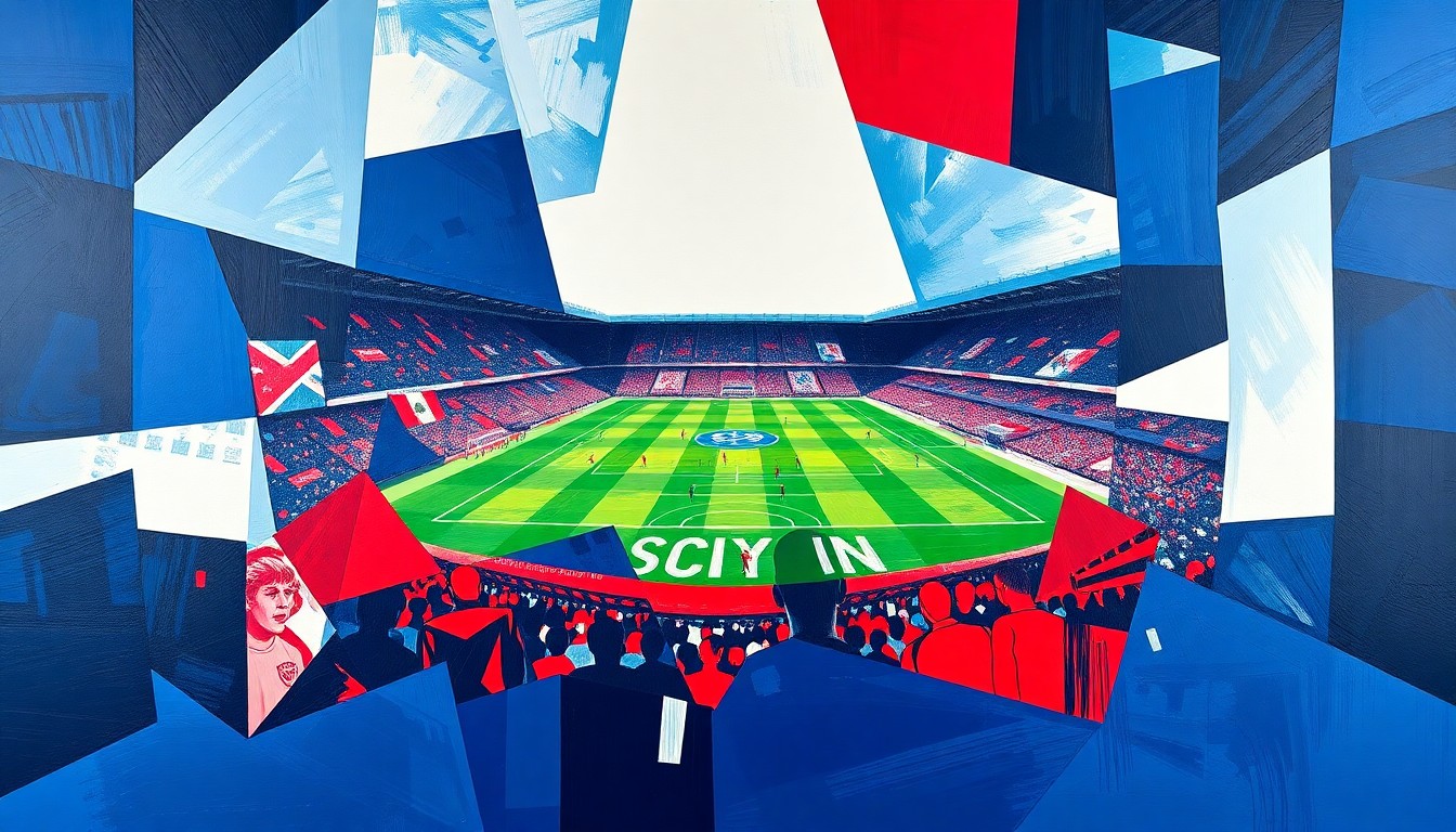 A cubist-style painting depicting a Birmingham City football match, with the players and the field broken down into sharp, overlapping geometric shapes in navy blue, red, and white. The fragmented, multi-perspective composition captures the intensity and dynamism of the game.