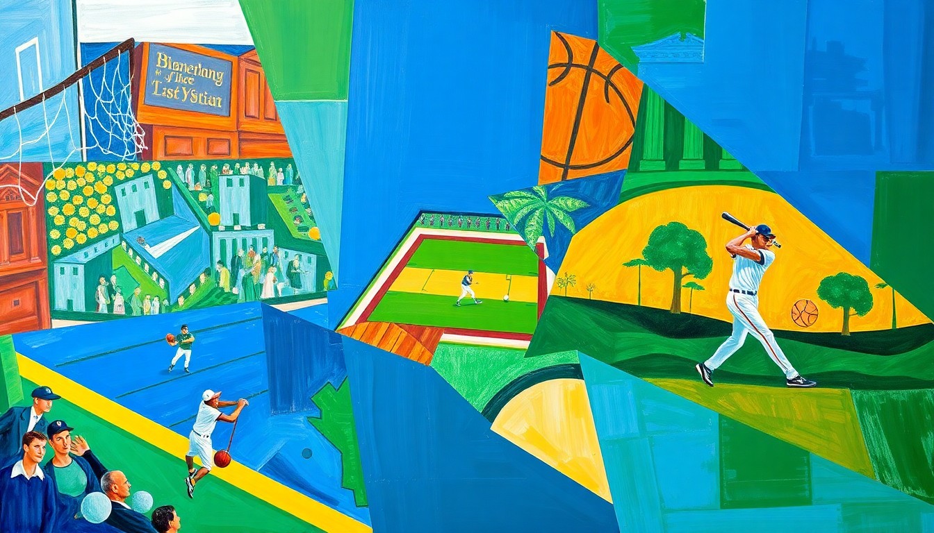A cubist, geometric painting depicting fragmented scenes of a basketball game, baseball game, and golf tournament, using bold colors and sharp, overlapping shapes to convey the dynamic action of the sporting events.