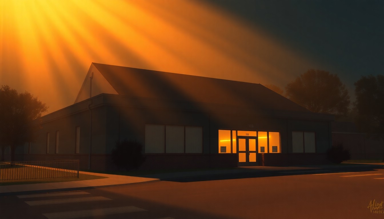 A serene, cinematic painting of a community center building in warm, golden light, conveying a sense of quiet resilience and the importance of preserving vital social services.