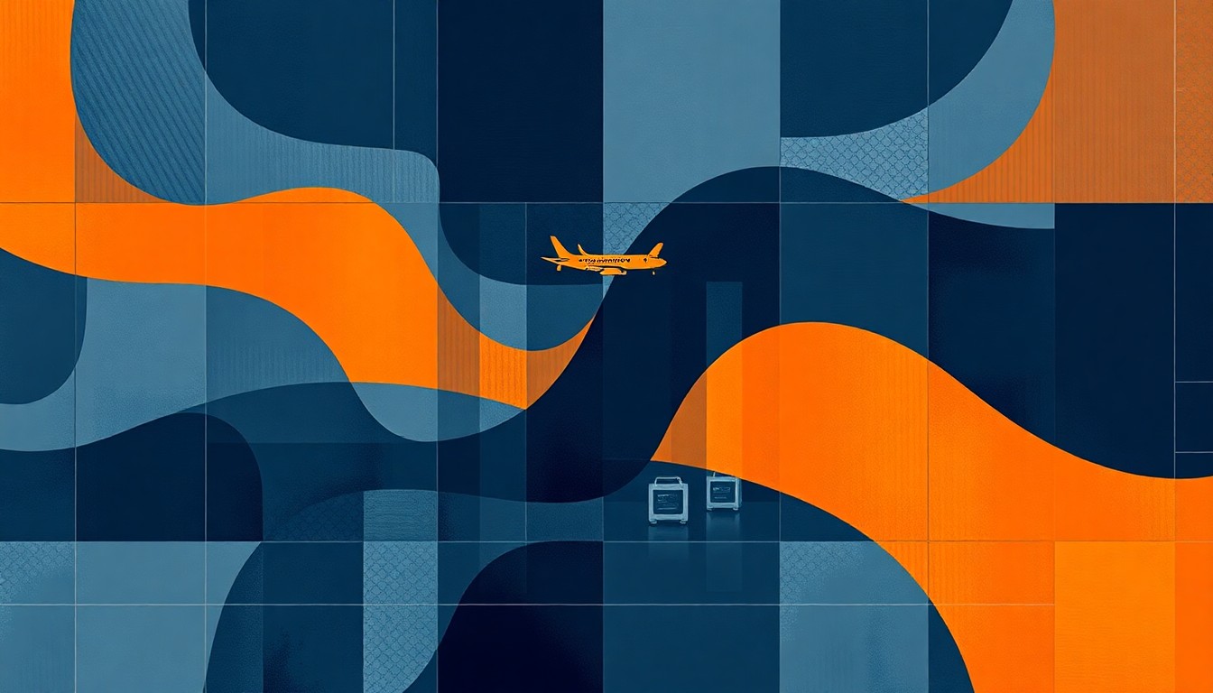 A dynamic, abstract painting with overlapping, fractured geometric shapes in shades of blue, gray, and orange, conceptually representing the complex and shifting nature of airport security during a government shutdown.