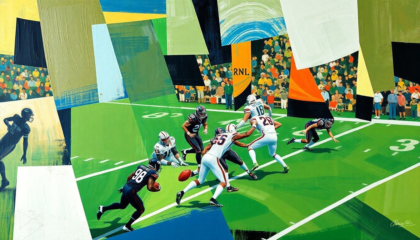 A fractured, multi-perspective painting in a cubist style, breaking down a football field and defensive players into sharp, overlapping geometric planes and shapes, capturing the dynamic energy and strategic complexity of the Patriots' new defensive approach.