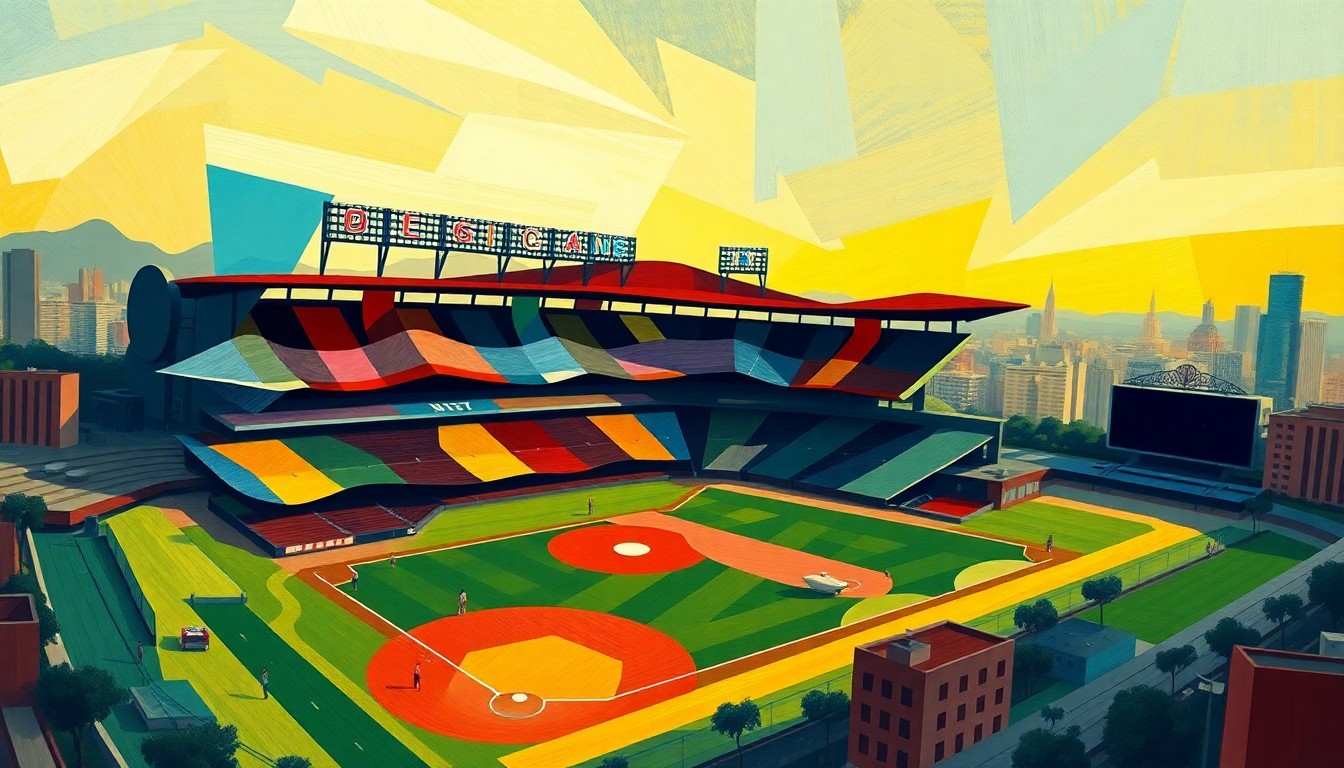 An abstract, fragmented painting depicting a baseball stadium in motion, with overlapping geometric shapes and bold, vibrant colors that convey a sense of energy and dynamism. The stadium is integrated into the surrounding cityscape, symbolizing the broader vision for the project.