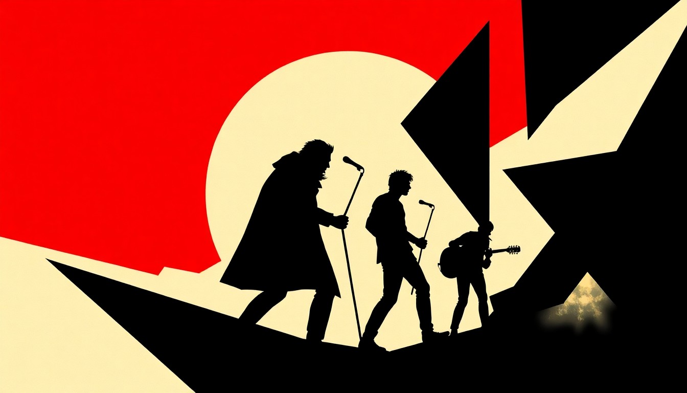 A striking abstract composition of jagged, geometric black shapes and bold splashes of red, conceptually representing the experimental and progressive nature of The Mars Volta's music.