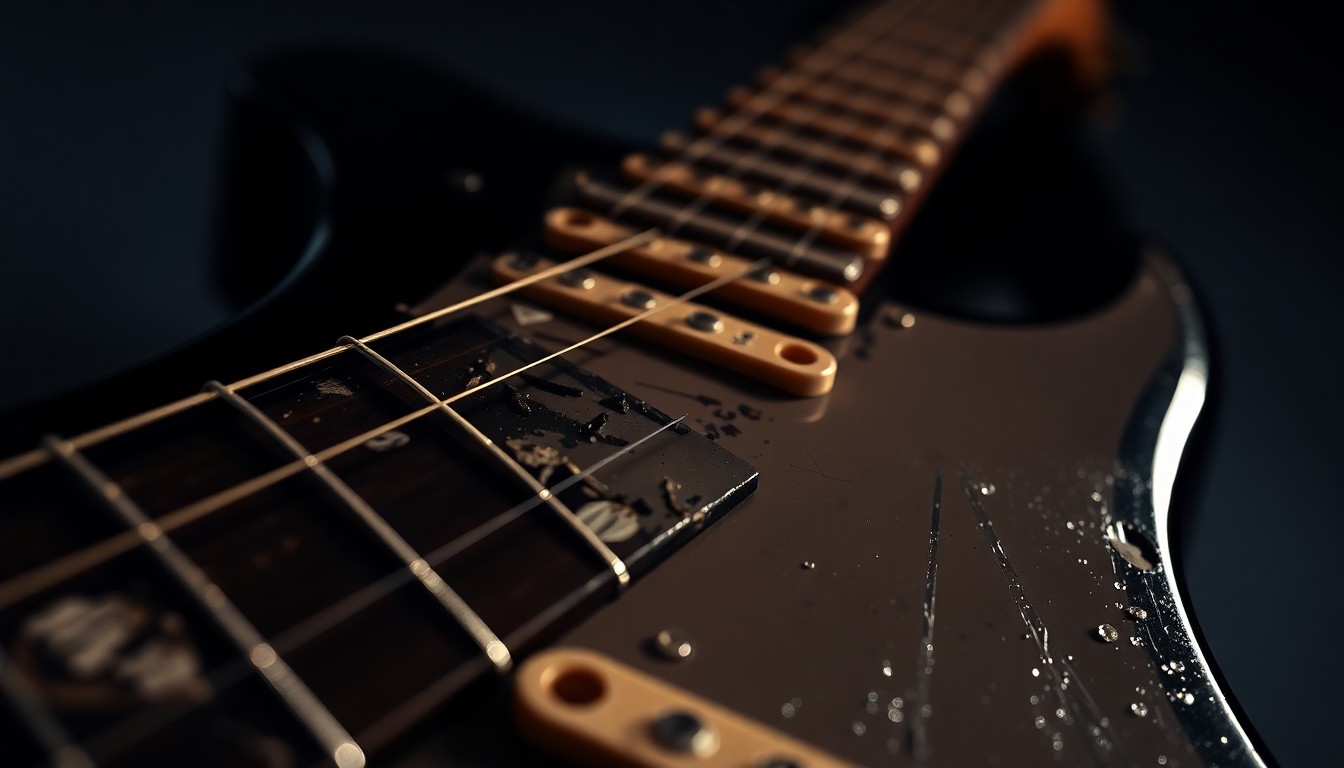 An abstract close-up image of a heavily worn and distressed electric guitar neck and fretboard, with dramatic lighting creating a high-contrast, high-fashion aesthetic that captures the tension and texture of the music industry.