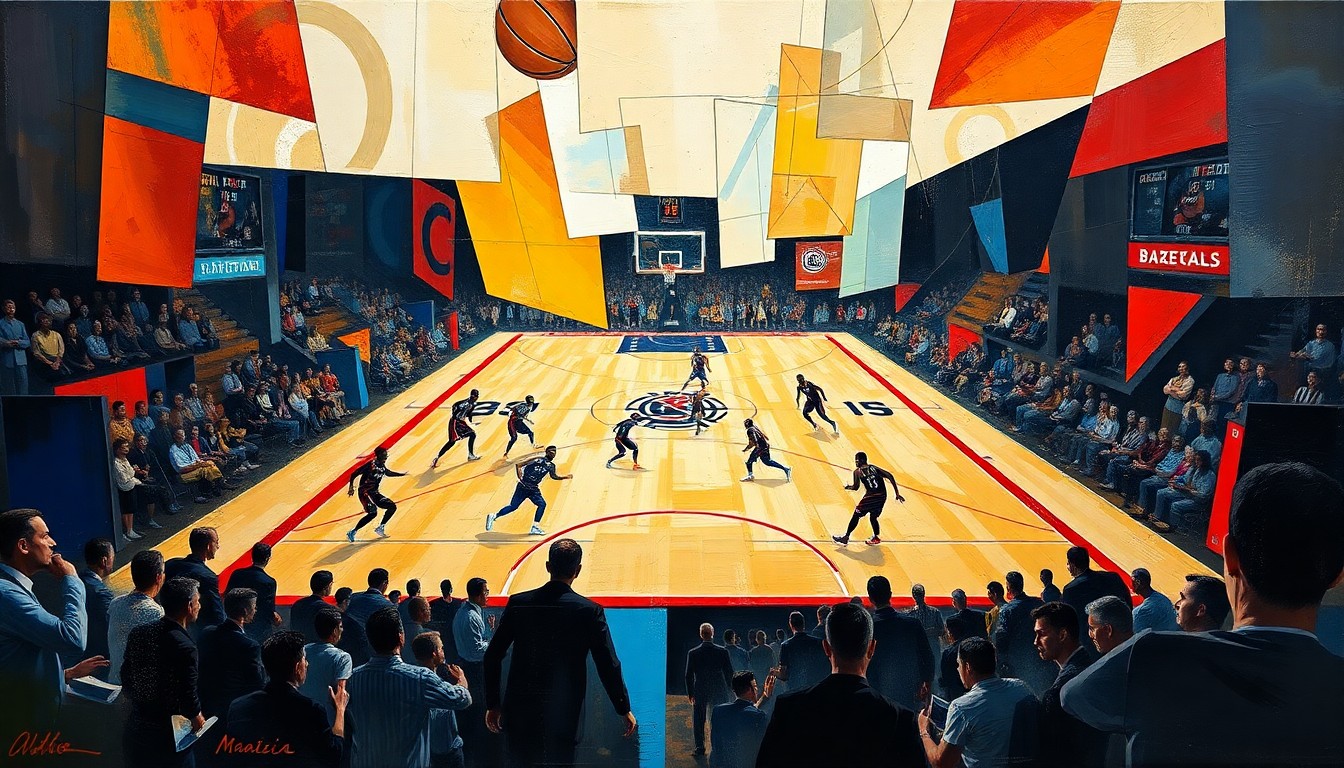 A fractured, multi-perspective painting in a cubist style, breaking down a basketball game into sharp, overlapping geometric planes and lines, capturing the dynamic energy and high stakes of the matchup between the two teams.