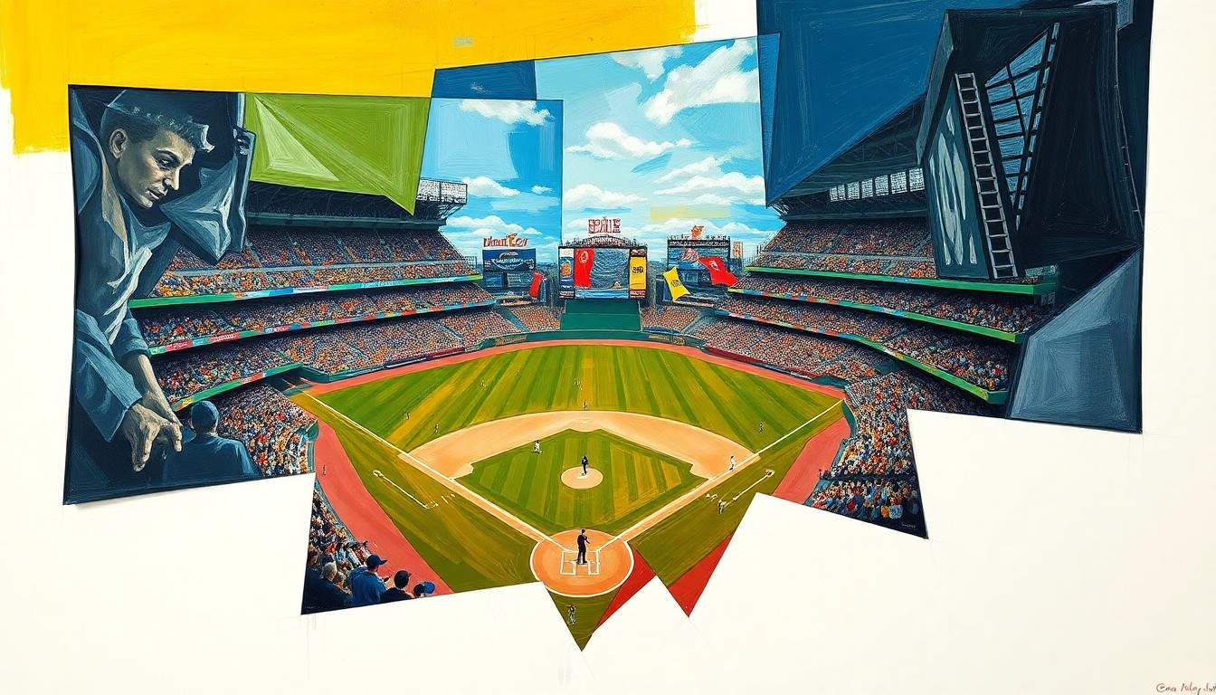 A cubist-style painting depicting a baseball game broken down into sharp, overlapping geometric shapes and planes, capturing the complexity and uncertainty of the Red Sox's offseason plans.