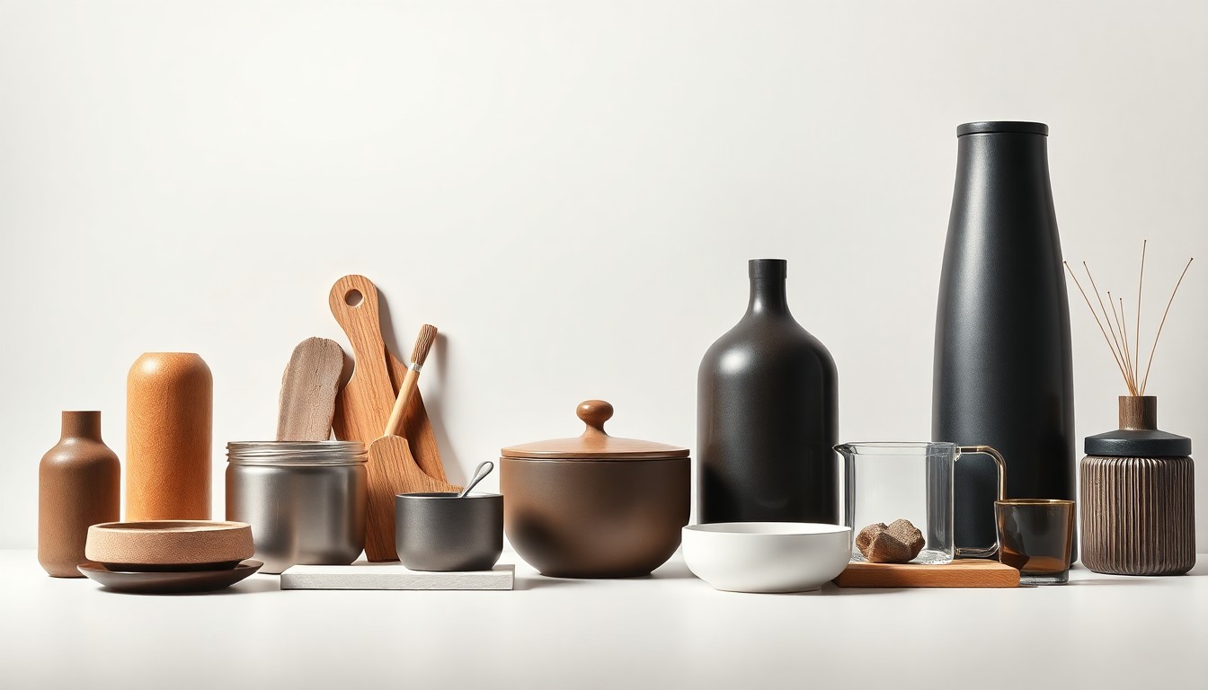 A high-end, photorealistic studio still-life photograph featuring a collection of premium kitchen and home goods products arranged elegantly on a clean, monochromatic background. The objects are made from polished raw materials and geometric shapes, using dramatic lighting to convey the abstract corporate challenges facing the company.