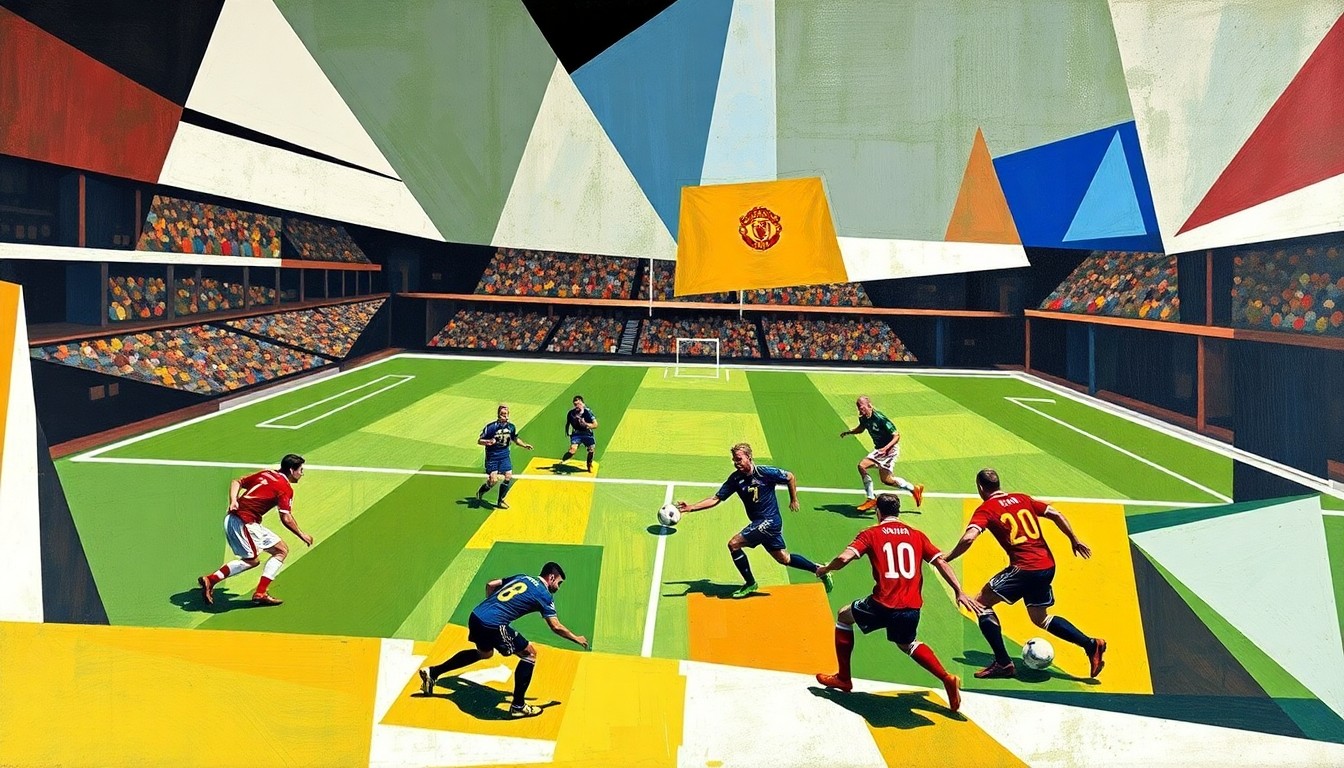 A cubist, geometric illustration depicting the dynamic competition between two football players, their forms fractured and abstracted into sharp, overlapping planes of color and shape, capturing the intensity and energy of the quarterback battle.