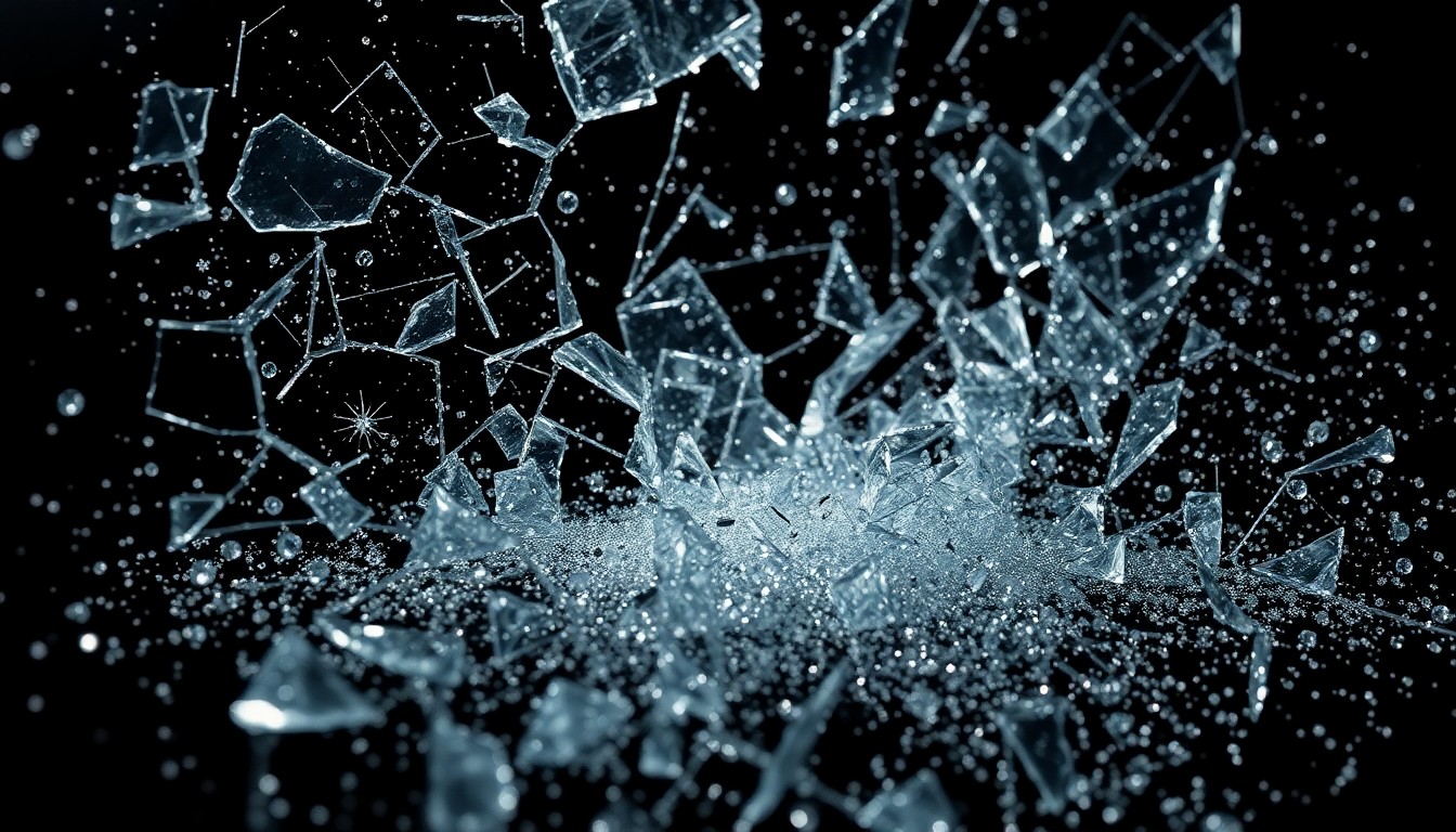 An extreme close-up of shattered glass and glittering sequins, captured in dramatic, high-contrast studio lighting, conceptually representing the shifting dynamics and evolving priorities of the soap opera industry.