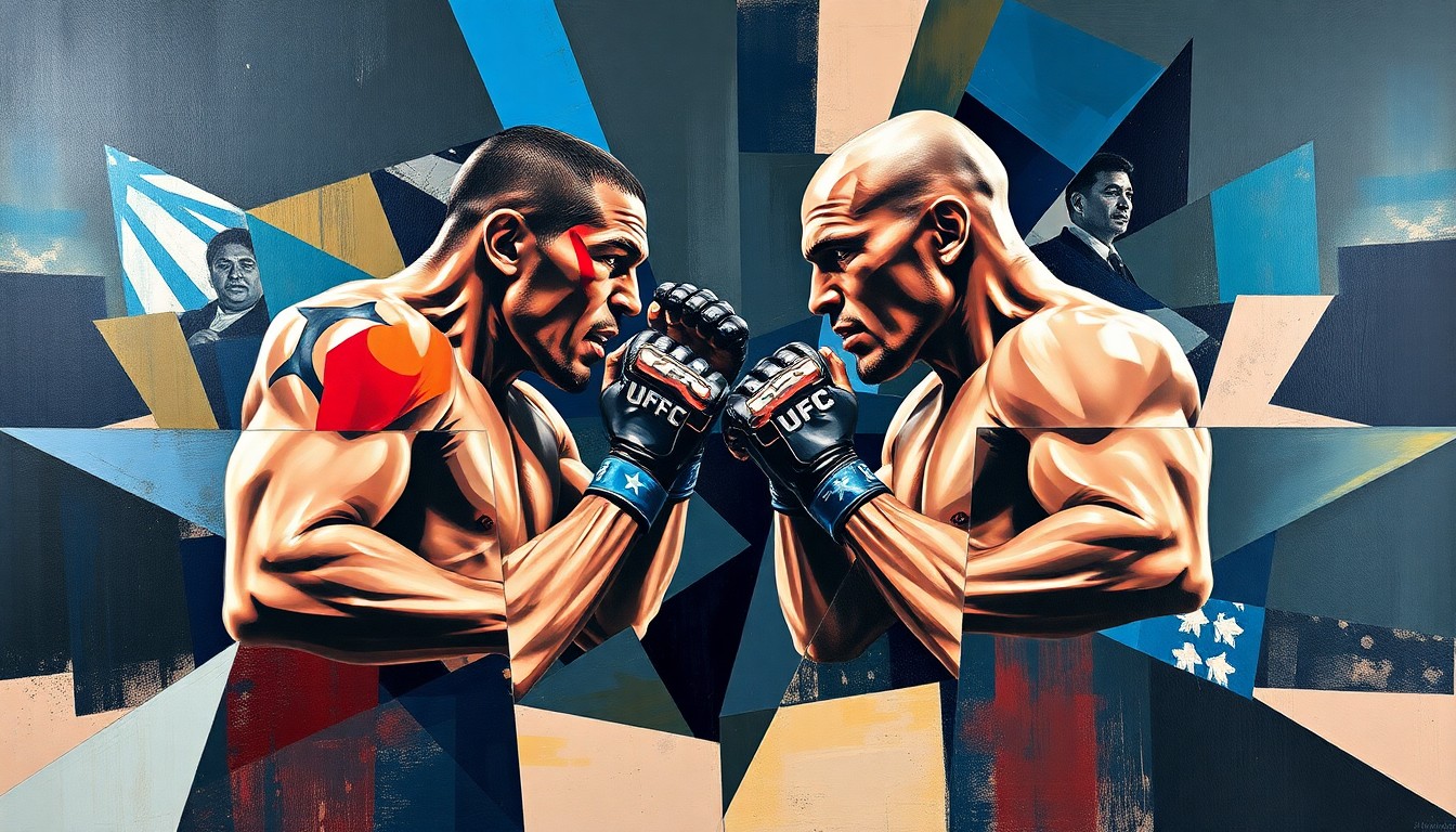 A cubist, geometric painting depicting a UFC heavyweight title fight, with sharp, overlapping planes of color and form representing the complex dynamics and high stakes involved.