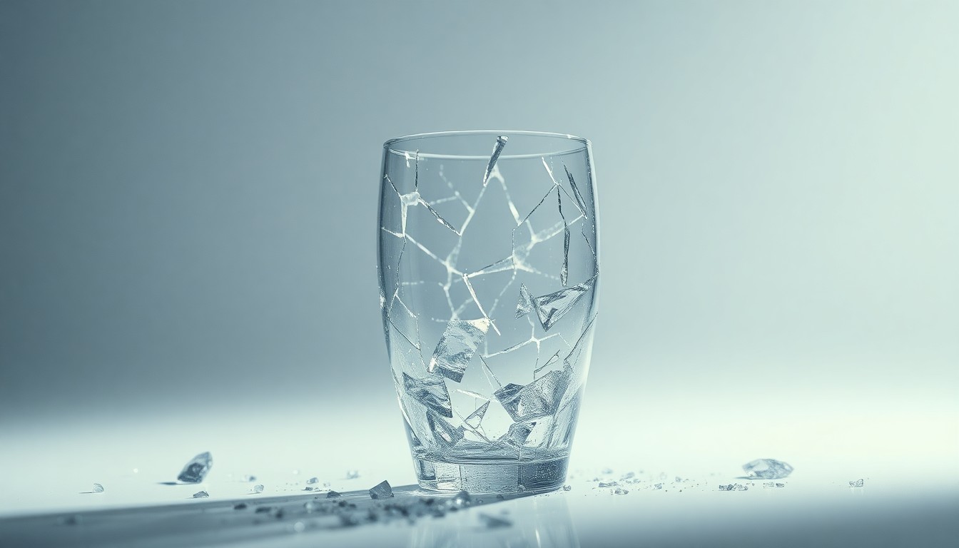An extreme macro photograph of shattered glass in high-contrast studio lighting, capturing the abstract texture and fragmented nature of a damaged material in a conceptual way.