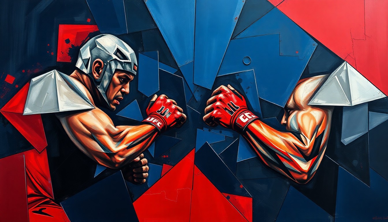 A fragmented, cubist-style painting depicting the chaotic movements and collisions of a UFC heavyweight fight, with sharp geometric shapes and planes in navy, red, and silver colors.