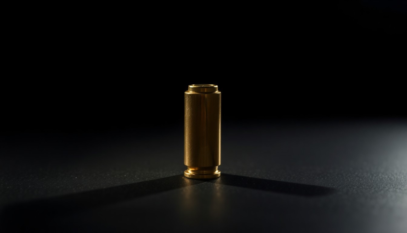 An extreme close-up of a single bullet casing on a dark surface, lit by a harsh, direct camera flash, conceptually representing the violence that can disrupt an athlete's career and life beyond the field.