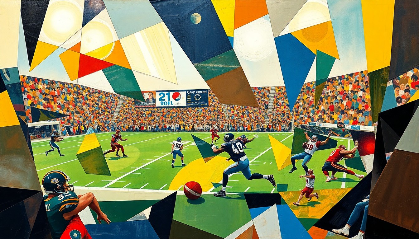 A fractured, geometric painting depicting the intense final moments of a UFL football game, with players and the field abstracted into sharp, overlapping planes of color and form.