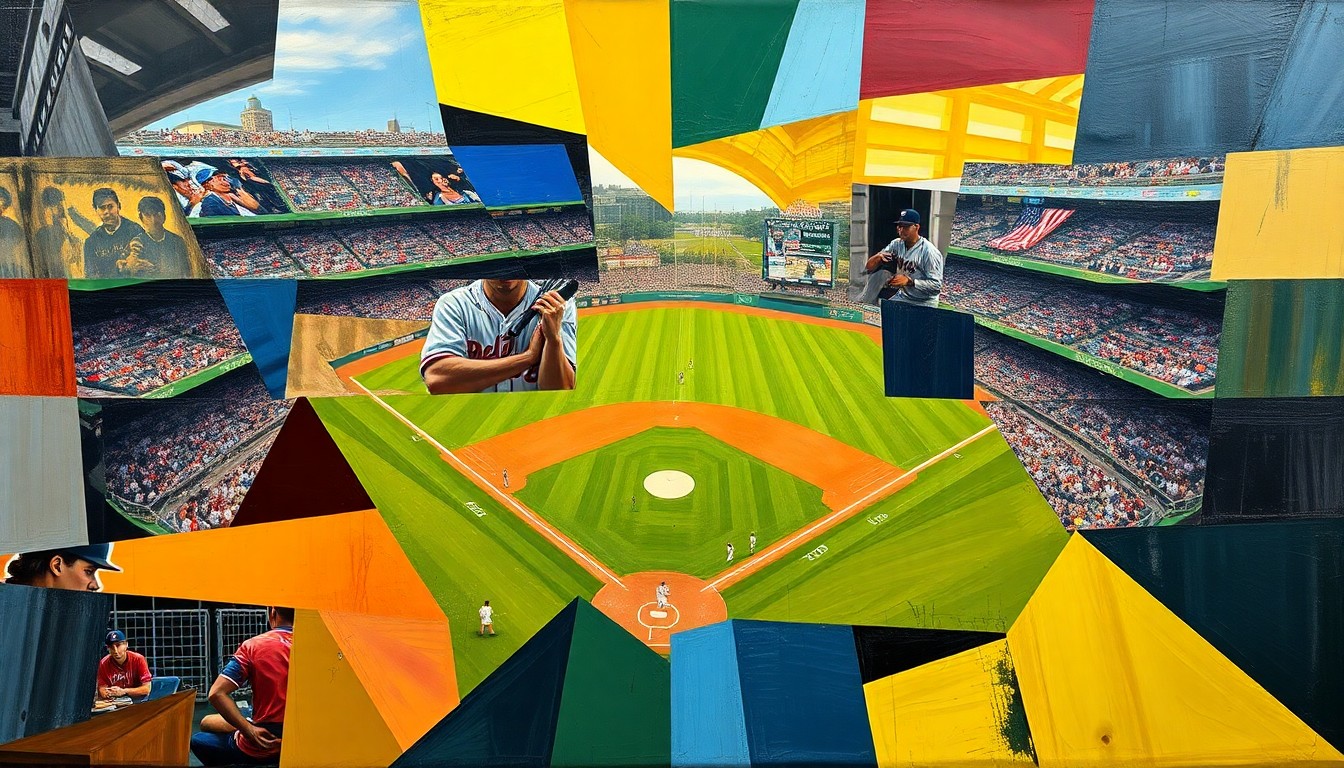 A cubist-style painting depicting a baseball game or match, with the players and field broken down into sharp, overlapping geometric shapes and planes, capturing the dynamic energy of the sport.