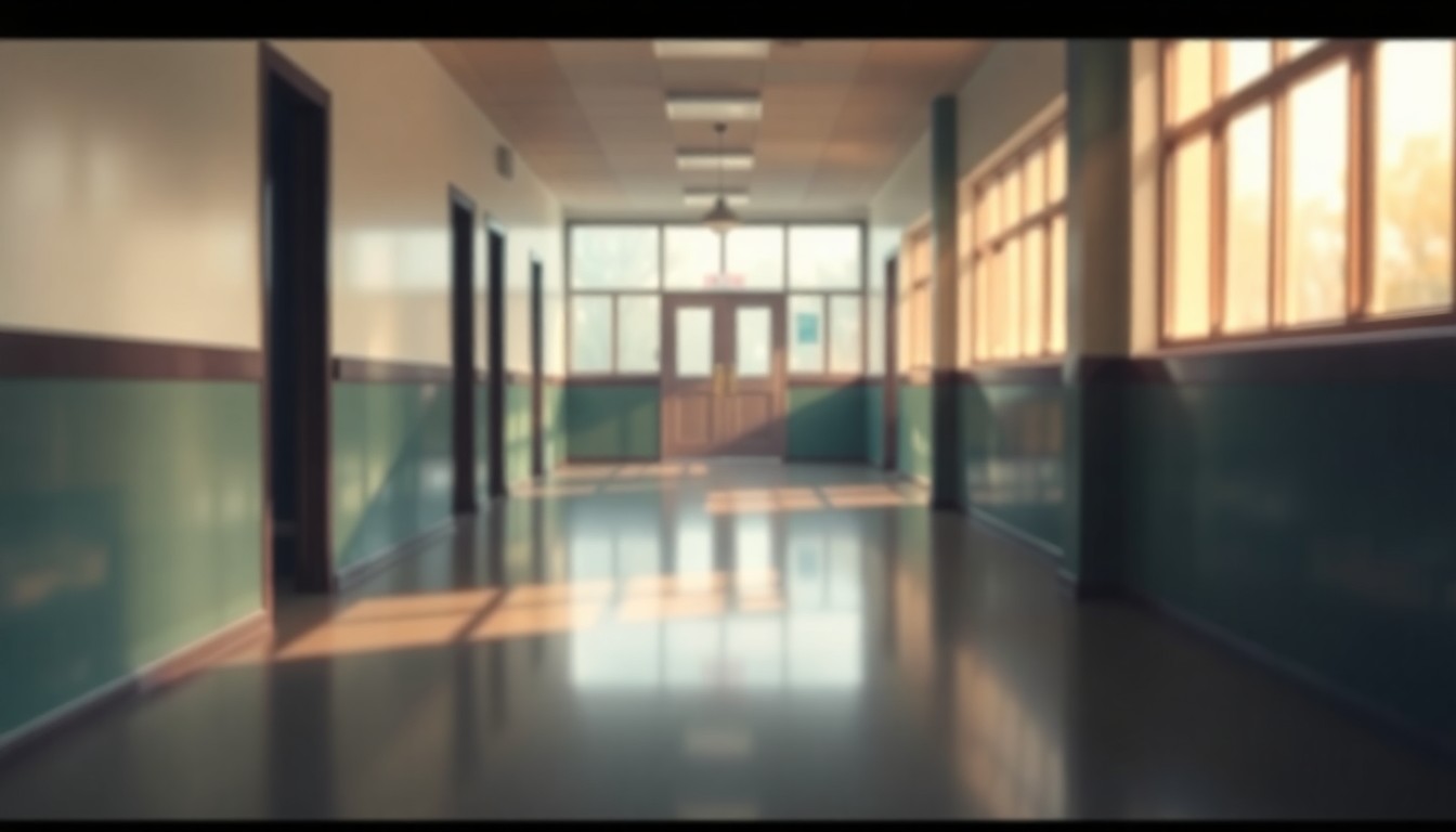 An abstract, out-of-focus photograph of an empty school hallway, with warm, hazy light filtering through the windows, creating a sense of quiet contemplation and the temporary pause of a school holiday.