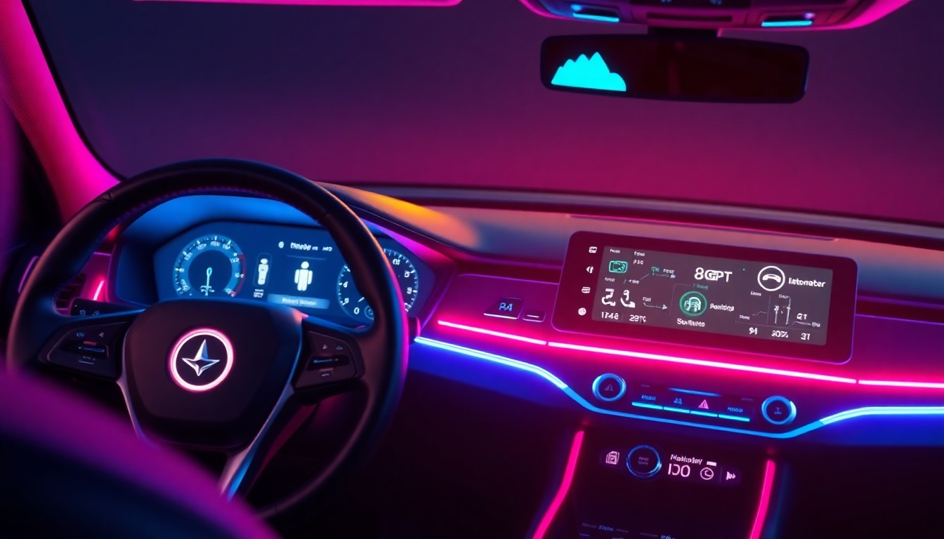 A highly detailed, glowing 3D illustration of a futuristic car dashboard and infotainment system, featuring recognizable physical controls and displays illuminated by vibrant neon lights, conceptually representing the integration of advanced AI assistants into the vehicle's digital interface.