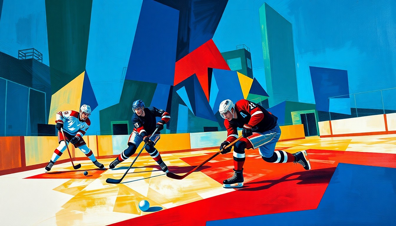 A fragmented, geometric painting depicting the chaotic movements and collisions of hockey players on the ice, rendered in a bold, abstract style.