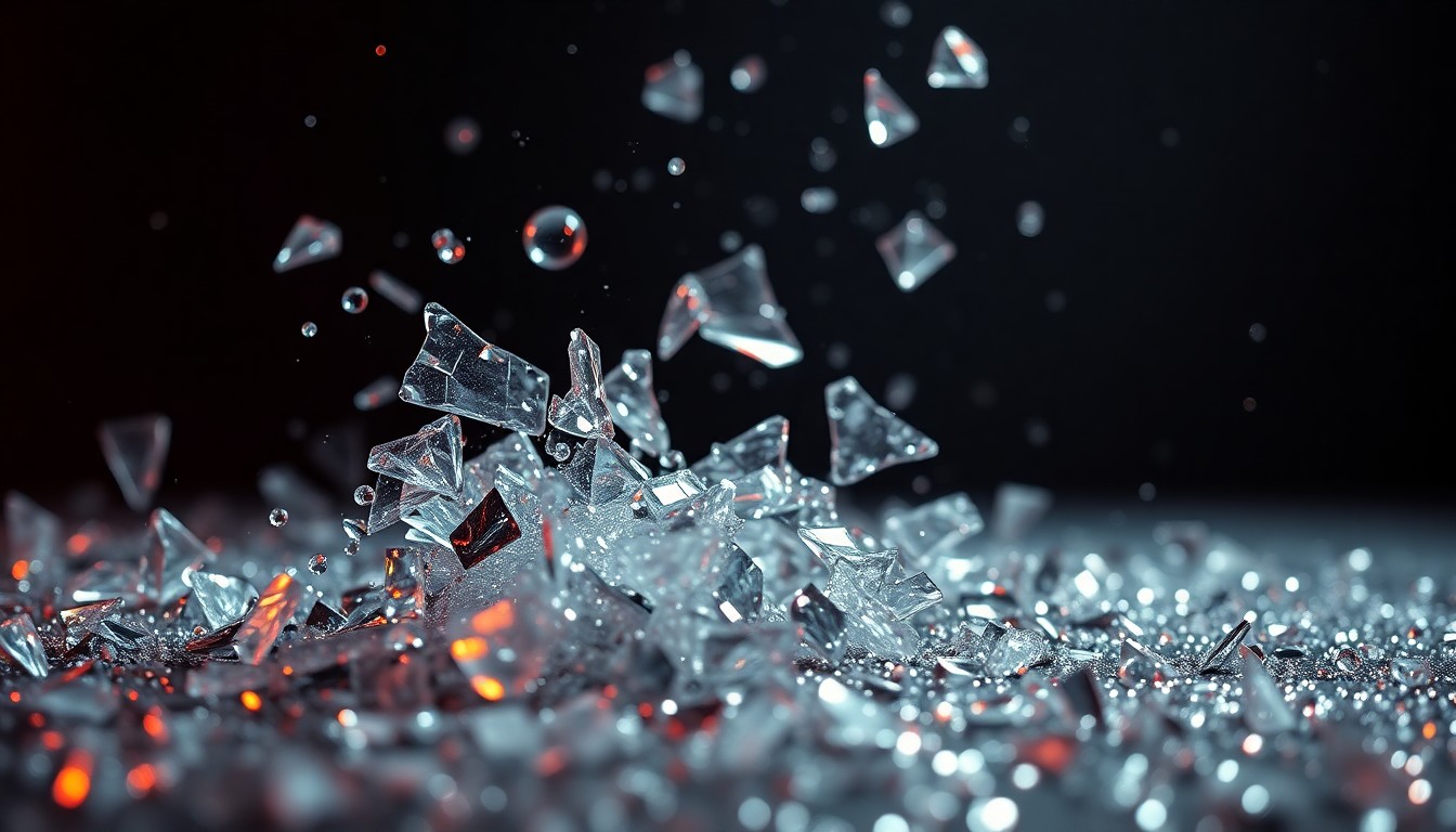 An abstract close-up image featuring shattered glass and glittering sequins, captured in dramatic, high-contrast studio lighting to convey the glamour and tension of reality television.
