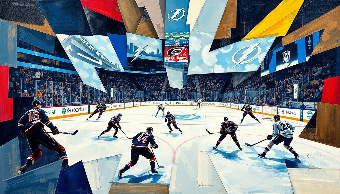 A fragmented, geometric painting depicting the action and intensity of a hockey game between two teams, with sharp angles and overlapping planes representing the players' movements and the competitive nature of the match.