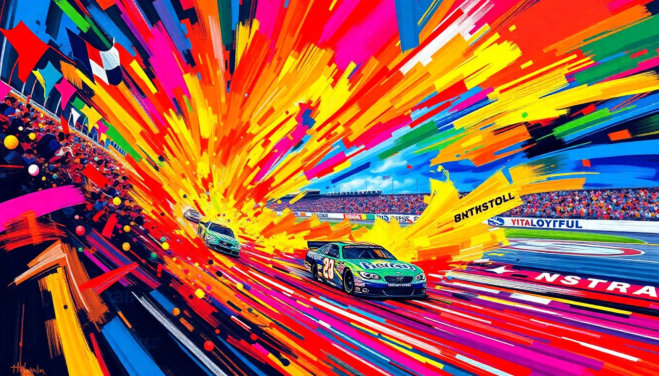 An abstract, expressionist painting in vibrant neon colors depicting the intense action and energy of a NASCAR race at Bristol Motor Speedway, with blurred race cars and drivers dissolving into the dynamic brushstrokes.