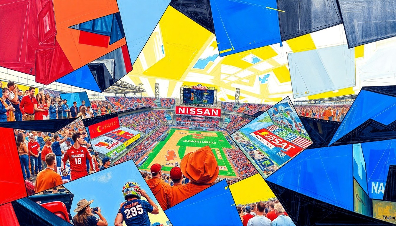 A cubist, geometric painting depicting a Supercross race at Nissan Stadium in Nashville, with sharp, overlapping planes of color representing the intense competition and strategic maneuvering of the riders.