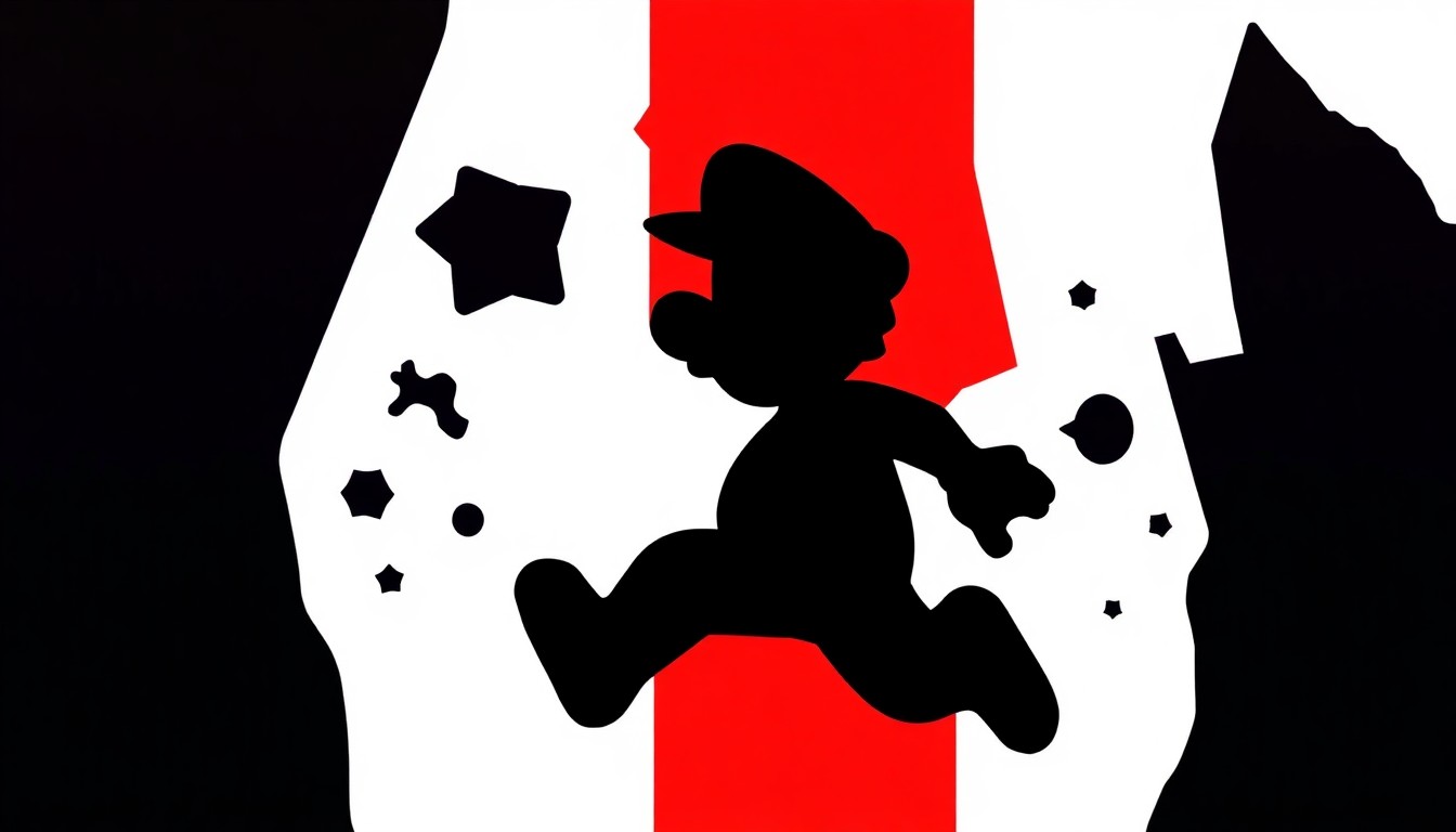 A striking, abstract composition featuring jagged, geometric shapes in bold red and white, conveying the chaotic and superficial nature of the Super Mario Galaxy movie sequel without any literal depictions.