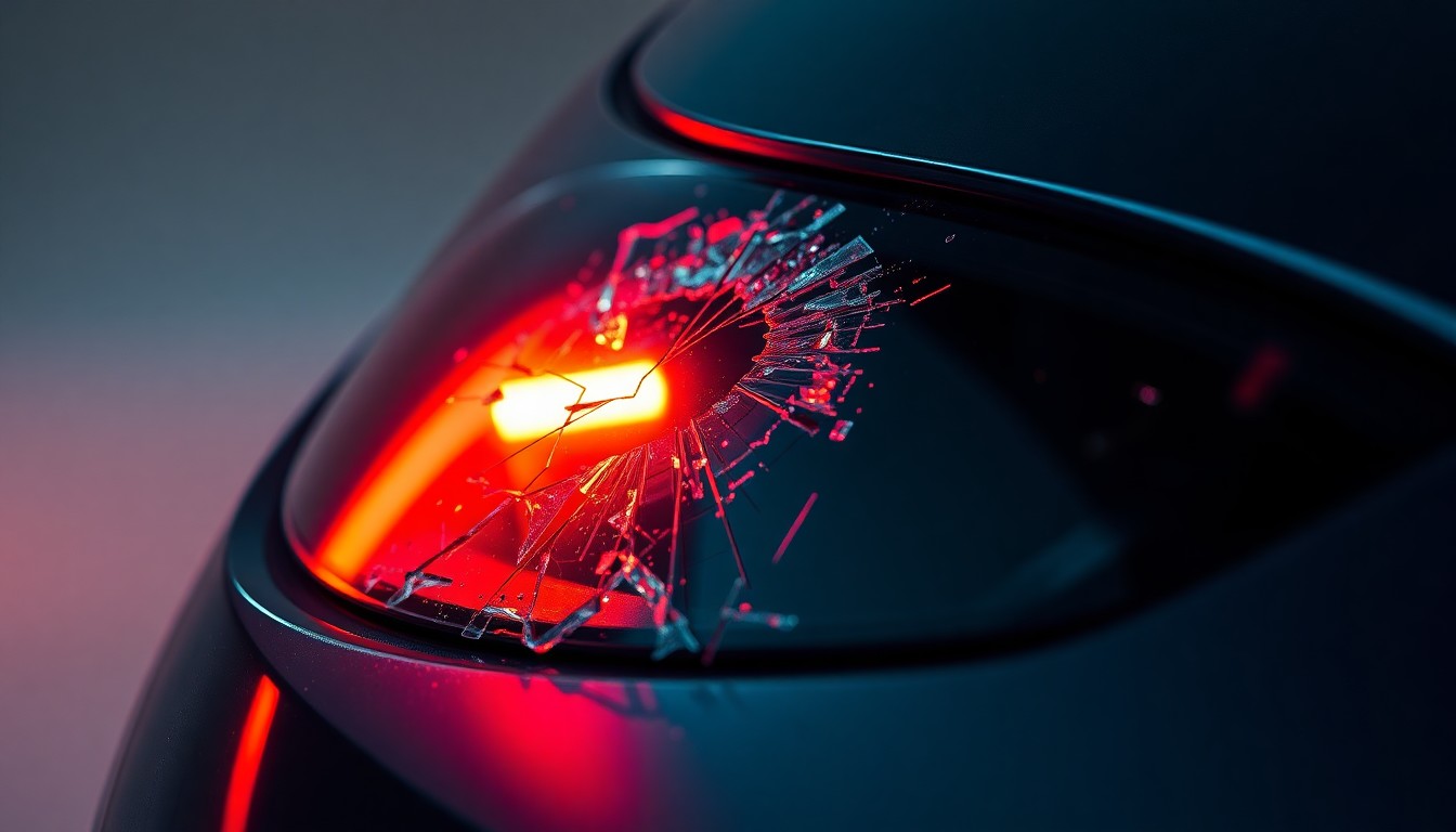 An extreme close-up of a shattered car sensor lens reflecting a faint red light, conceptually illustrating the vandalism of self-driving cars.