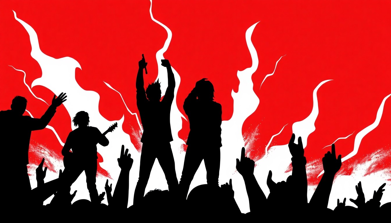 A dramatic, abstract composition of bold, jagged black silhouettes against a high-contrast red and white background, conceptually representing the raw energy and power of a live rock concert.