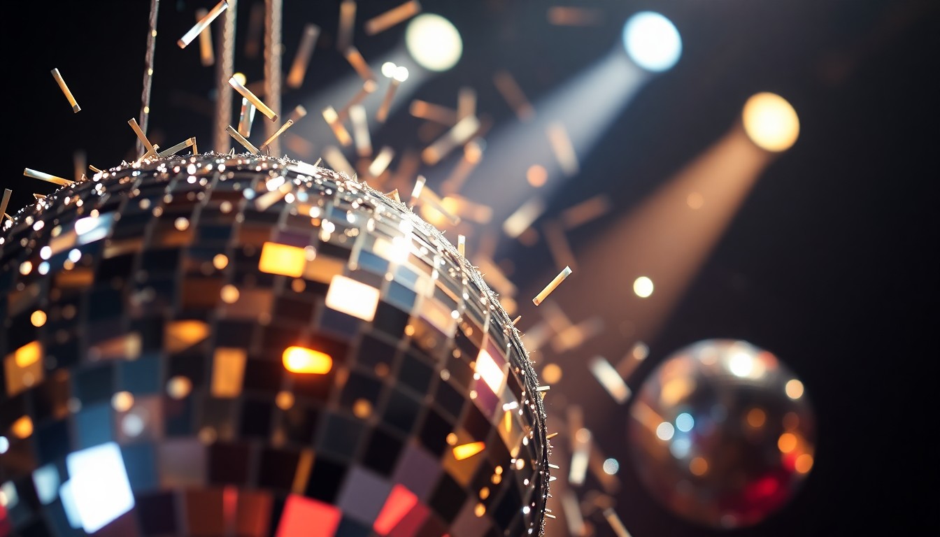 An extreme close-up photograph of shattered, glittering disco ball fragments in dramatic, high-contrast studio lighting, capturing the celebratory energy of a live music event.
