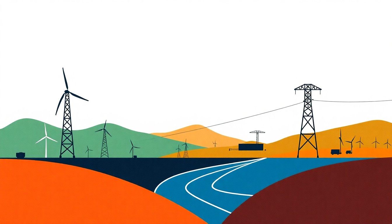 A minimalist illustration using bold geometric shapes and primary colors to represent the complex balance between renewable and dispatchable power sources in the energy landscape.