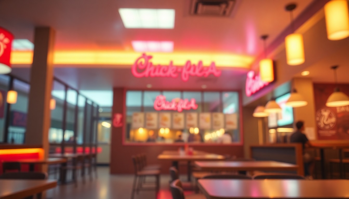 An extremely abstracted, out-of-focus photograph of a Chick-fil-A restaurant interior, with warm pools of light and color reflecting off surfaces, creating a dreamlike, atmospheric quality that conceptually represents the inspirational story of an employee's honest actions.