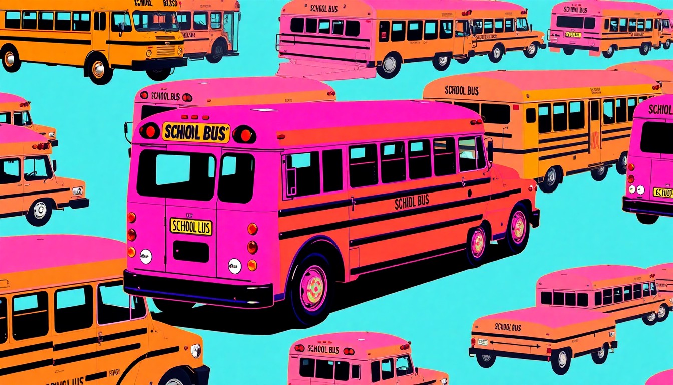 A brightly colored, high-contrast silkscreen print of a single, iconic yellow school bus icon repeated in a tight grid pattern, utilizing flat, vibrant, and unnatural neon color palettes overlapping with heavy black photographic outlines to conceptually represent the complex issues facing rural education.