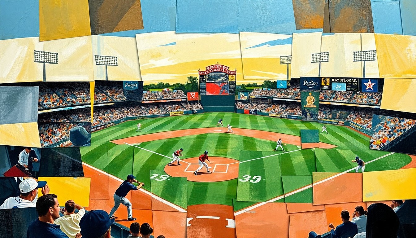 A fractured, multi-perspective painting depicting a baseball game or match, with the players and field broken down into sharp, overlapping geometric shapes and planes of vibrant color, capturing the dynamic motion and energy of the sport.