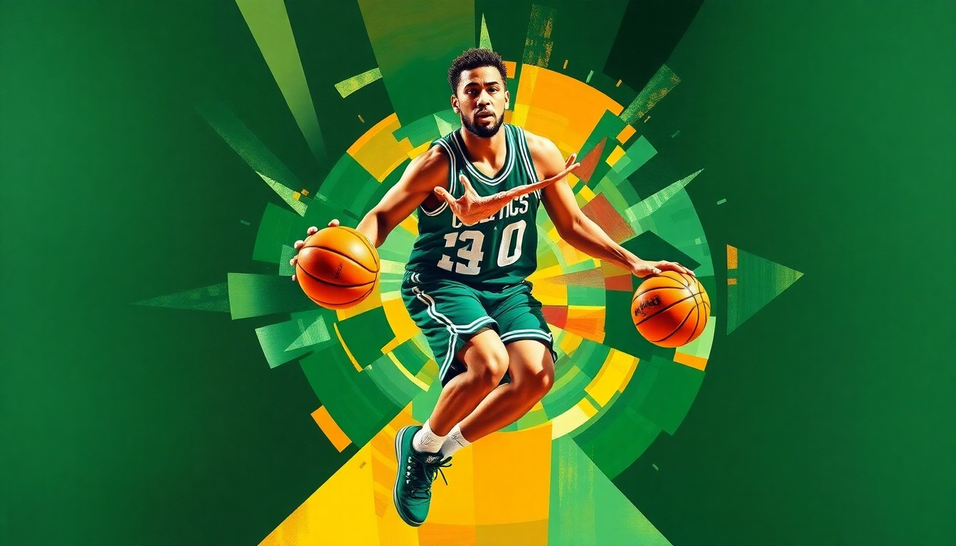 A cubist, geometric painting depicting Jayson Tatum's basketball gameplay in abstract, overlapping shapes and planes of vibrant green and gold colors, capturing the energy and emotion of his comeback.