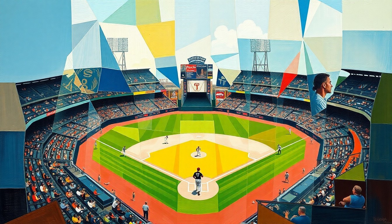 A cubist-style painting depicting a baseball infield and players broken down into sharp, overlapping geometric shapes and planes, capturing the dynamic movement and changing landscape of the Mariners' infield.